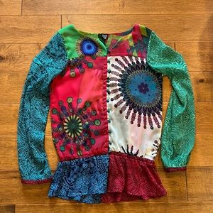 Desigual Multi Color Block Sheer Peplum Tunic Top Size 4
